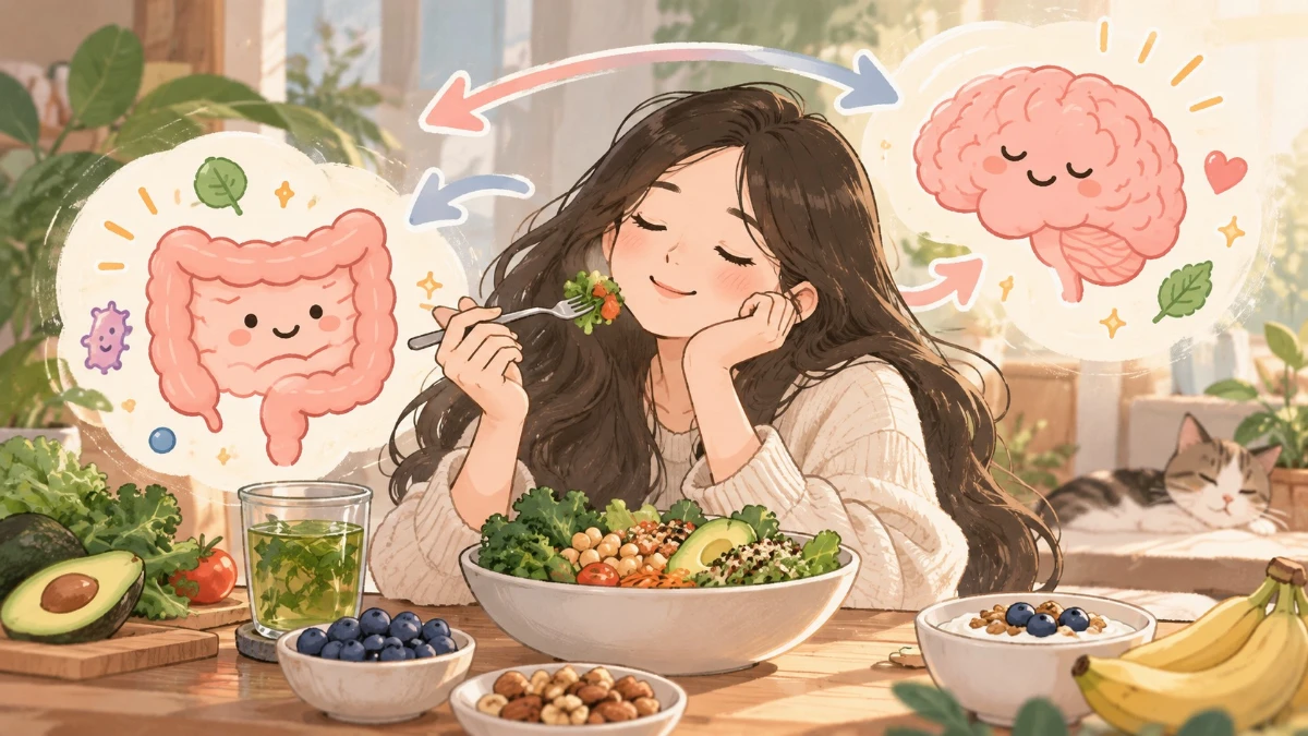 陽光照進的餐桌前,一位長髮女孩閉著眼睛、托著臉頰,滿足地吃下一口沙拉;左邊泡泡裡是一個微笑的腸道,右邊泡泡裡是一個微笑的大腦,兩支箭頭在它們之間來回。桌上有一大碗沙拉、一杯綠茶、藍莓、堅果、優格、酪梨和香蕉,右邊窗台上睡著一隻貓。