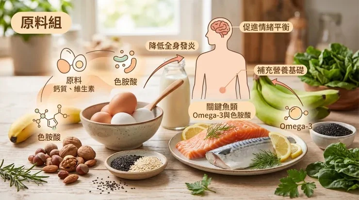 標題「原料組」。木桌上有一碗雞蛋、一杯豆漿、一盤鮭魚和鯖魚配檸檬片,旁邊是香蕉、堅果、黑白芝麻和菠菜。圖上的標籤寫著色胺酸、Omega-3、關鍵魚類 Omega-3 與色胺酸,箭頭指向一個人形輪廓,寫著降低全身發炎、促進情緒平衡、補充營養基礎。