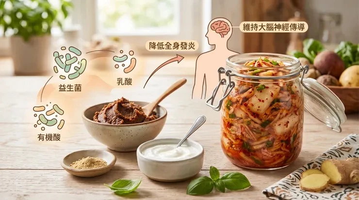 木桌上有一碗味噌、一小碗優格、一大罐泡菜,旁邊是一小碟香料粉、薑和羅勒。圖上的標籤寫著益生菌、乳酸、有機酸,箭頭指向一個人形輪廓,寫著降低全身發炎、維持大腦神經傳導。