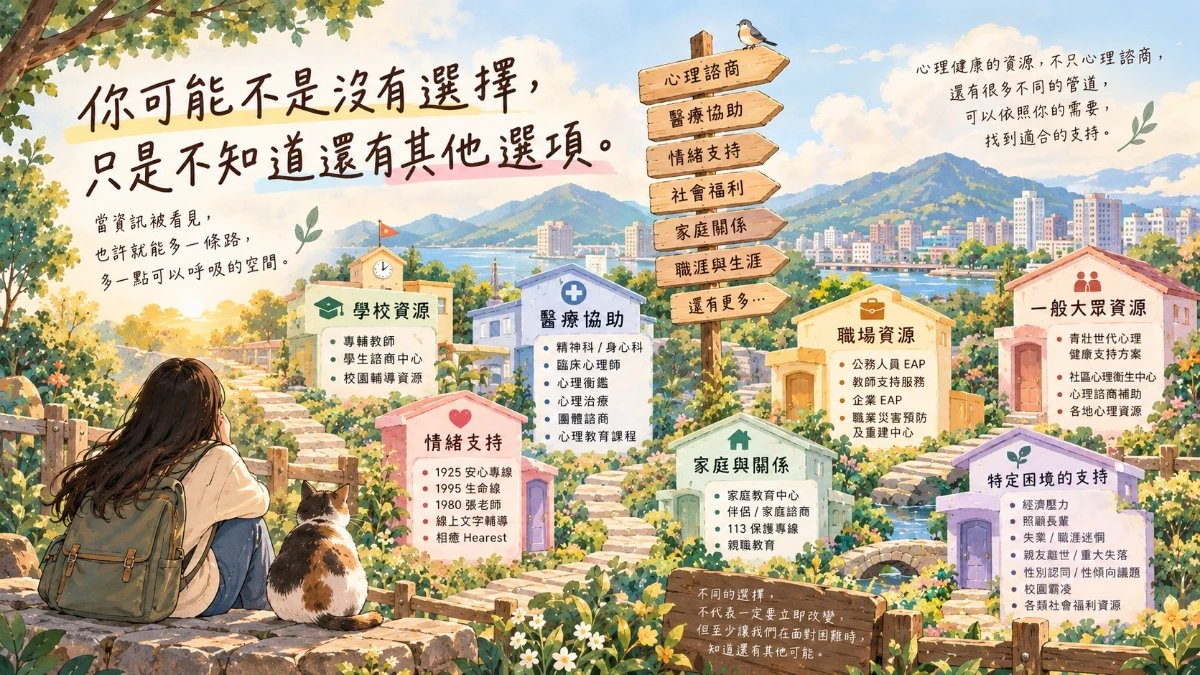 一張水彩風格的資源地圖：左上寫著「你可能不是沒有選擇，只是不知道還有其他選項。」，中間的路標指向心理諮商、醫療協助、情緒支持、社會福利、家庭關係、職涯與生涯；小鎮裡散落著學校資源、醫療協助、情緒支持、職場資源、家庭與關係、一般大眾資源和特定困境的支持幾間小屋，各自列著可以求助的管道；左下一個背著背包的女孩和一隻貓坐在石牆上望著小鎮。