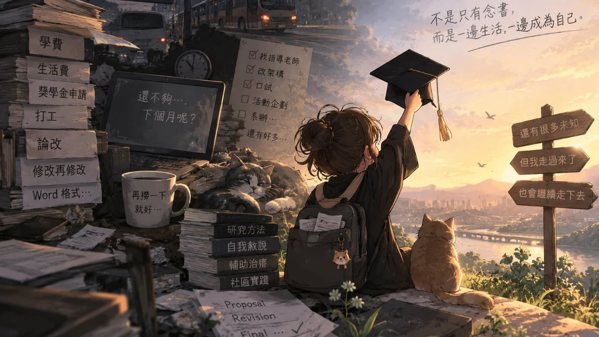 一位研究生背對著堆滿學費、打工、論改的書桌和筆電，舉起學士帽望向黃昏的山谷與河流；天空寫著「不是只有念書，而是一邊生活，一邊成為自己。」，路標上是「還有很多未知，但我走過來了，也會繼續走下去」。